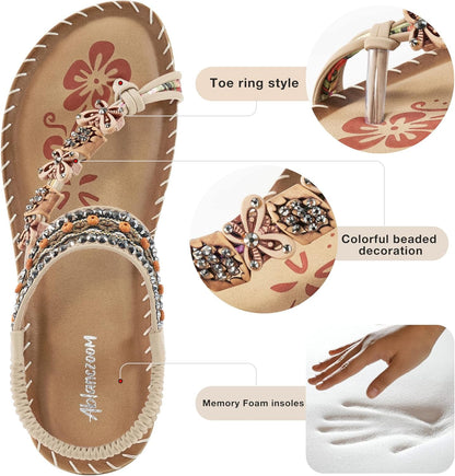 Flat Sandals for Women Summer: Casual Boho Beaded Toe Ring Dress Shoes - Comfortable Vacation Daily Walking Shoes - Miki Guru Store US