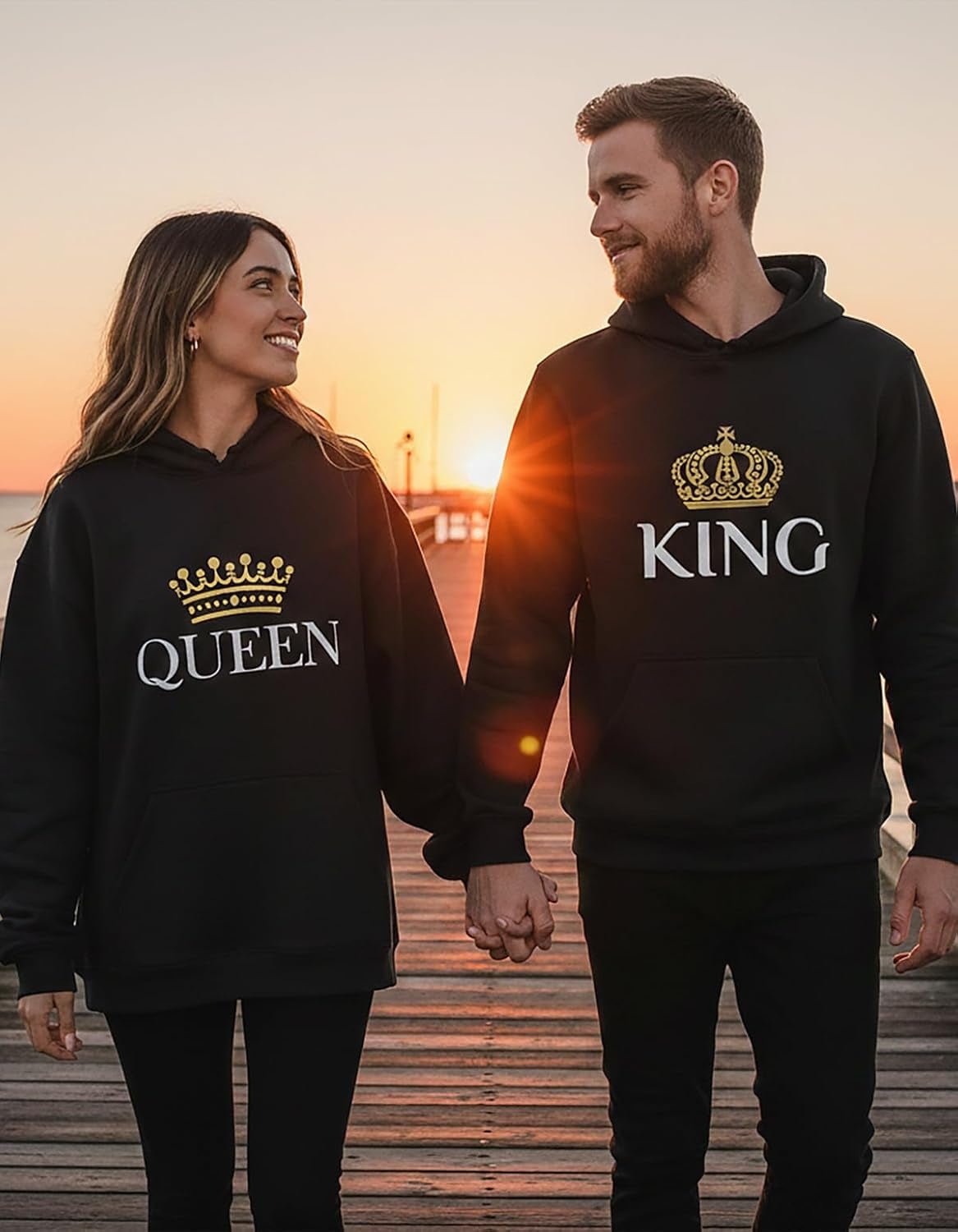 King Queen Matching Couple Hoodie Set His Hers Valentine'S Day - Miki Guru Store US