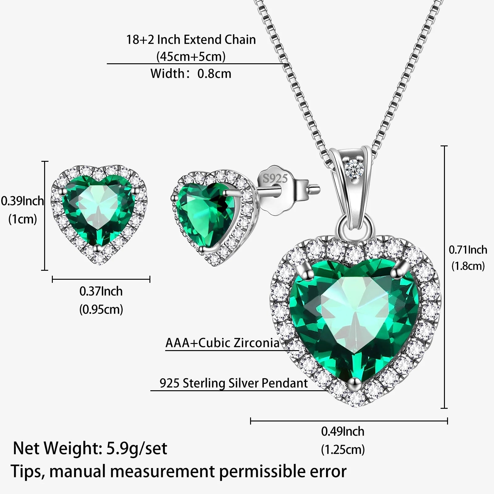 May Birthstone Jewelry Sets for Women, Green Heart Jewelry Set Emerald Necklace Earrings 925 Sterling Silver Fine Jewelry Birthday Mother'S Day Gifts - Miki Guru Store US