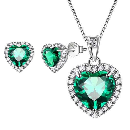 May Birthstone Jewelry Sets for Women, Green Heart Jewelry Set Emerald Necklace Earrings 925 Sterling Silver Fine Jewelry Birthday Mother'S Day Gifts - Miki Guru Store US