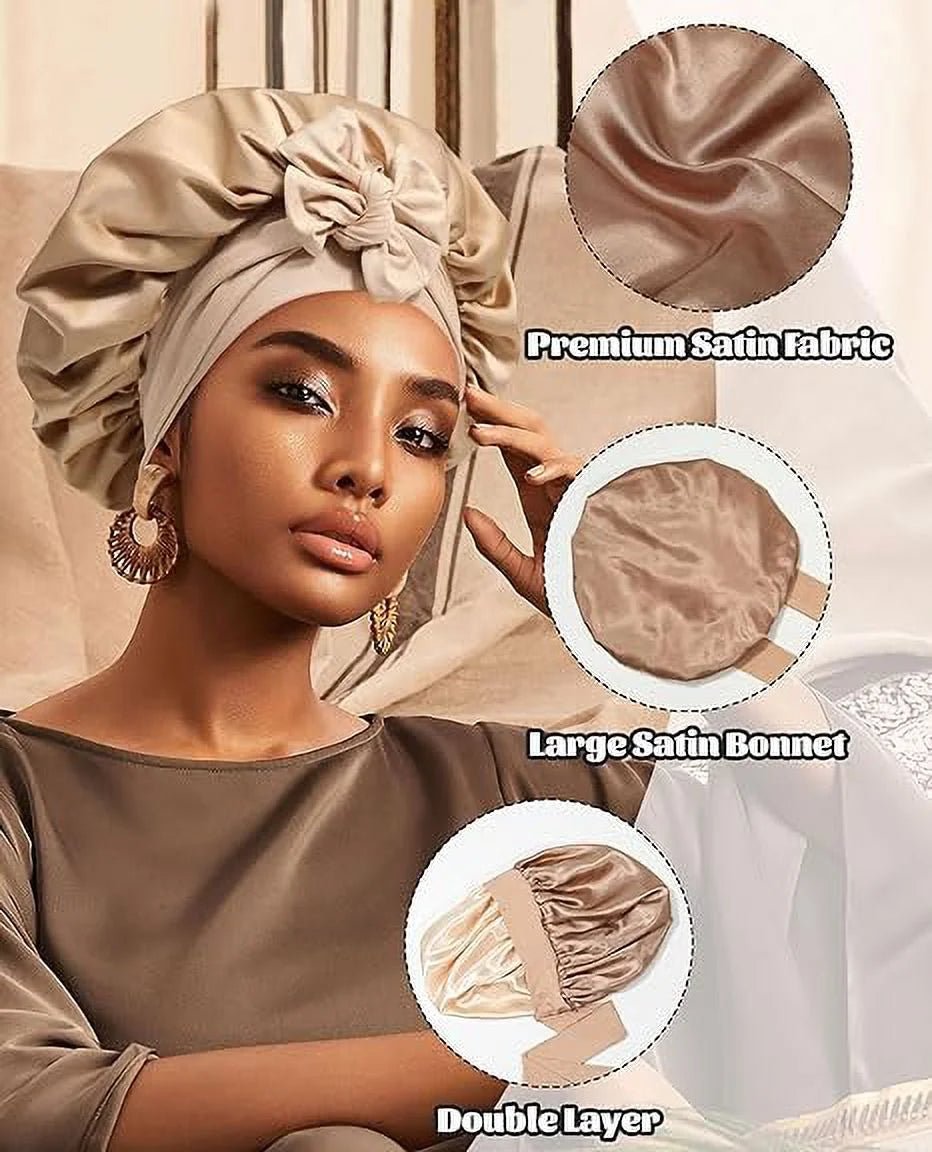 Satin Bonnet Silk Bonnet for Sleeping Silk Sleep Cap Double Layer Hair Bonnet with Elastic Tie Band - Miki Guru Store US