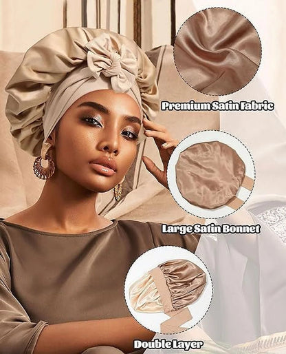 Satin Bonnet Silk Bonnet for Sleeping Silk Sleep Cap Double Layer Hair Bonnet with Elastic Tie Band - Miki Guru Store US