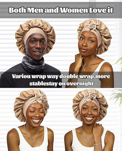 Satin Bonnet Silk Bonnet for Sleeping Silk Sleep Cap Double Layer Hair Bonnet with Elastic Tie Band - Miki Guru Store US