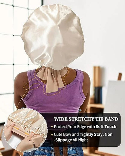 Satin Bonnet Silk Bonnet for Sleeping Silk Sleep Cap Double Layer Hair Bonnet with Elastic Tie Band - Miki Guru Store US