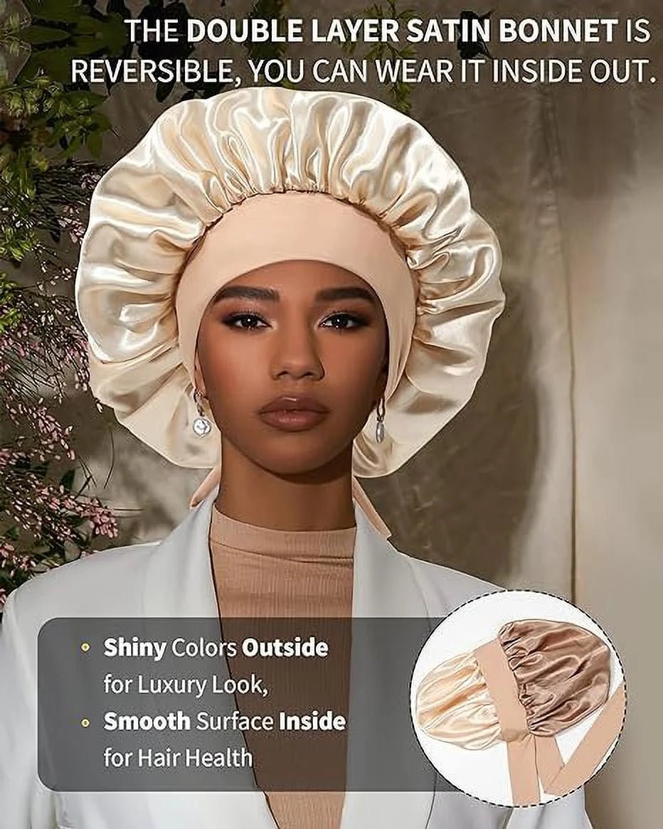 Satin Bonnet Silk Bonnet for Sleeping Silk Sleep Cap Double Layer Hair Bonnet with Elastic Tie Band - Miki Guru Store US