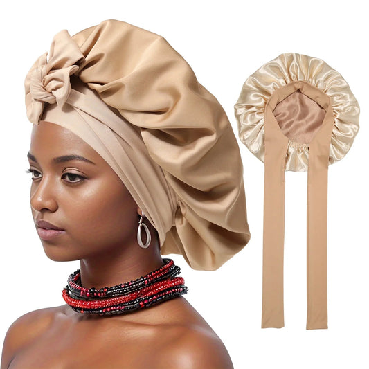 Satin Bonnet Silk Bonnet for Sleeping Silk Sleep Cap Double Layer Hair Bonnet with Elastic Tie Band - Miki Guru Store US