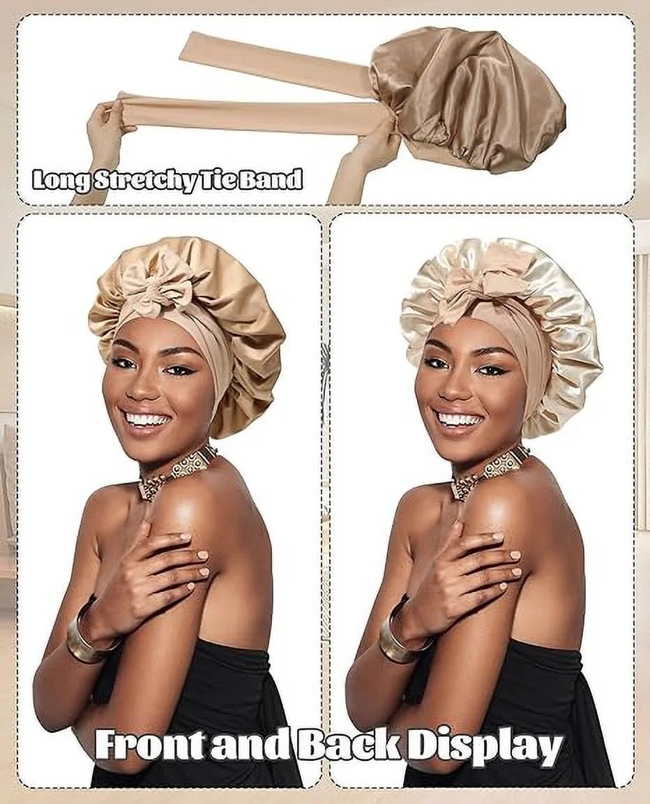 Satin Bonnet Silk Bonnet for Sleeping Silk Sleep Cap Double Layer Hair Bonnet with Elastic Tie Band - Miki Guru Store US