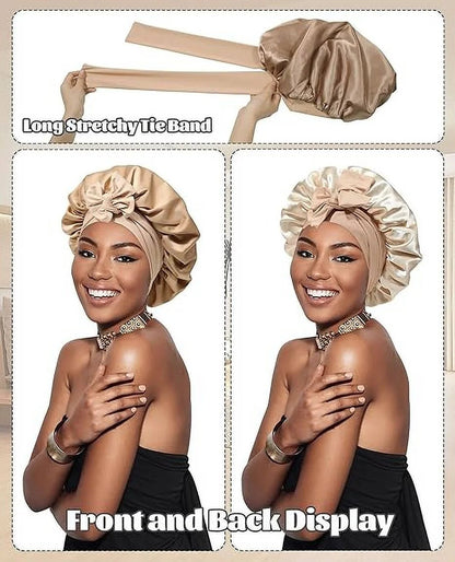 Satin Bonnet Silk Bonnet for Sleeping Silk Sleep Cap Double Layer Hair Bonnet with Elastic Tie Band - Miki Guru Store US