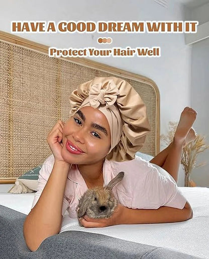 Satin Bonnet Silk Bonnet for Sleeping Silk Sleep Cap Double Layer Hair Bonnet with Elastic Tie Band - Miki Guru Store US