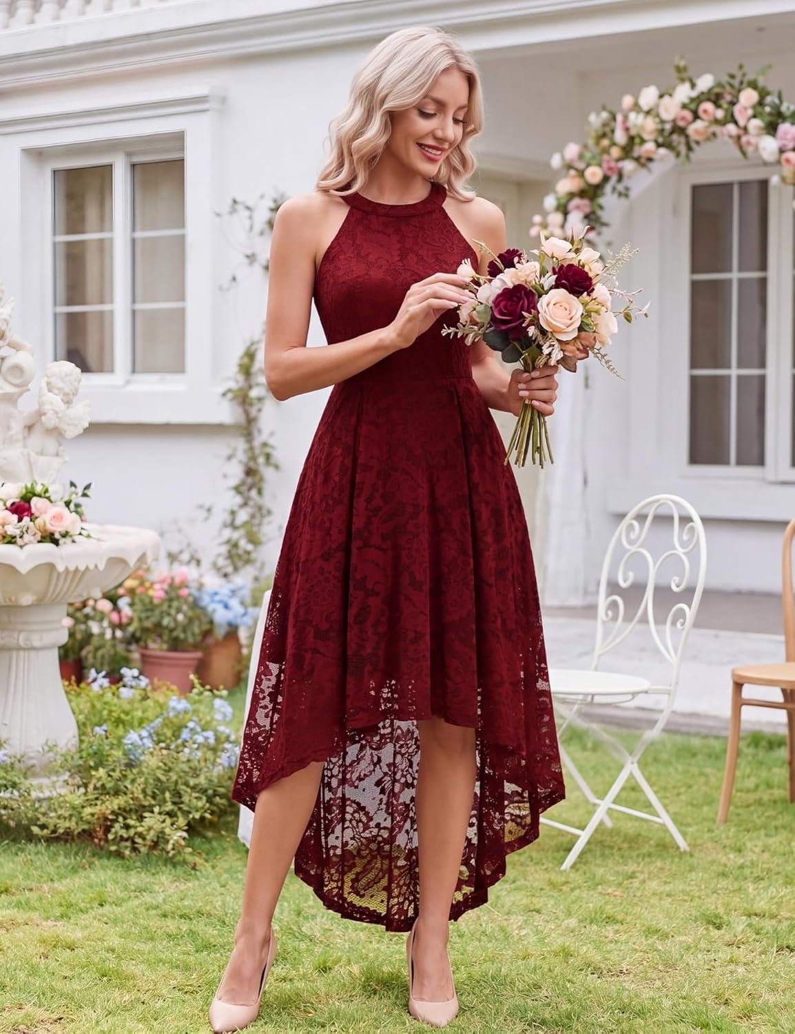 Women Halter Lace Hi Lo Wedding Guest Cocktail Formal Dress - Miki Guru Store US