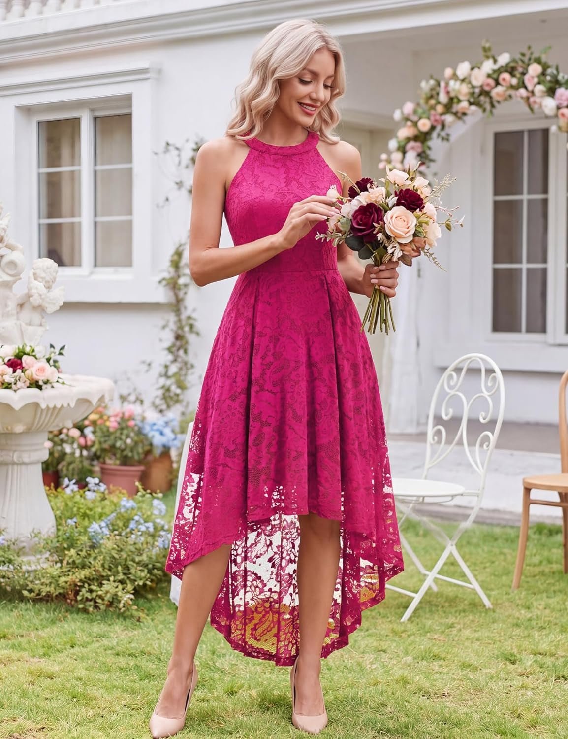 Women Halter Lace Hi Lo Wedding Guest Cocktail Formal Dress - Miki Guru Store US