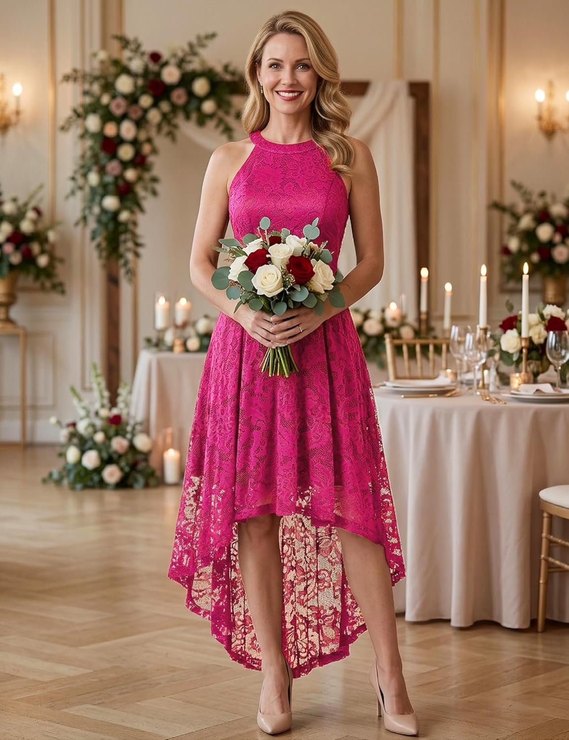 Women Halter Lace Hi Lo Wedding Guest Cocktail Formal Dress - Miki Guru Store US