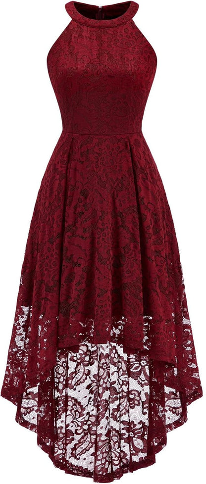 Women Halter Lace Hi Lo Wedding Guest Cocktail Formal Dress - Miki Guru Store US
