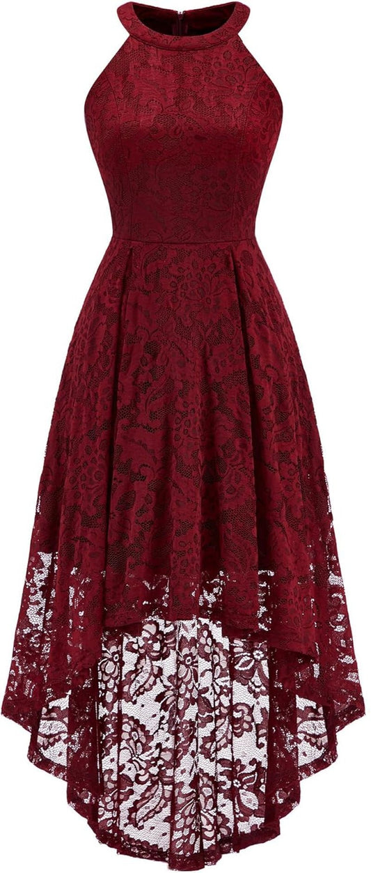 Women Halter Lace Hi Lo Wedding Guest Cocktail Formal Dress - Miki Guru Store US