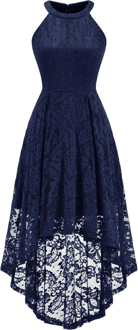 Women Halter Lace Hi Lo Wedding Guest Cocktail Formal Dress - Miki Guru Store US