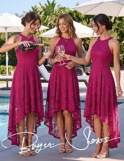 Women Halter Lace Hi Lo Wedding Guest Cocktail Formal Dress - Miki Guru Store US