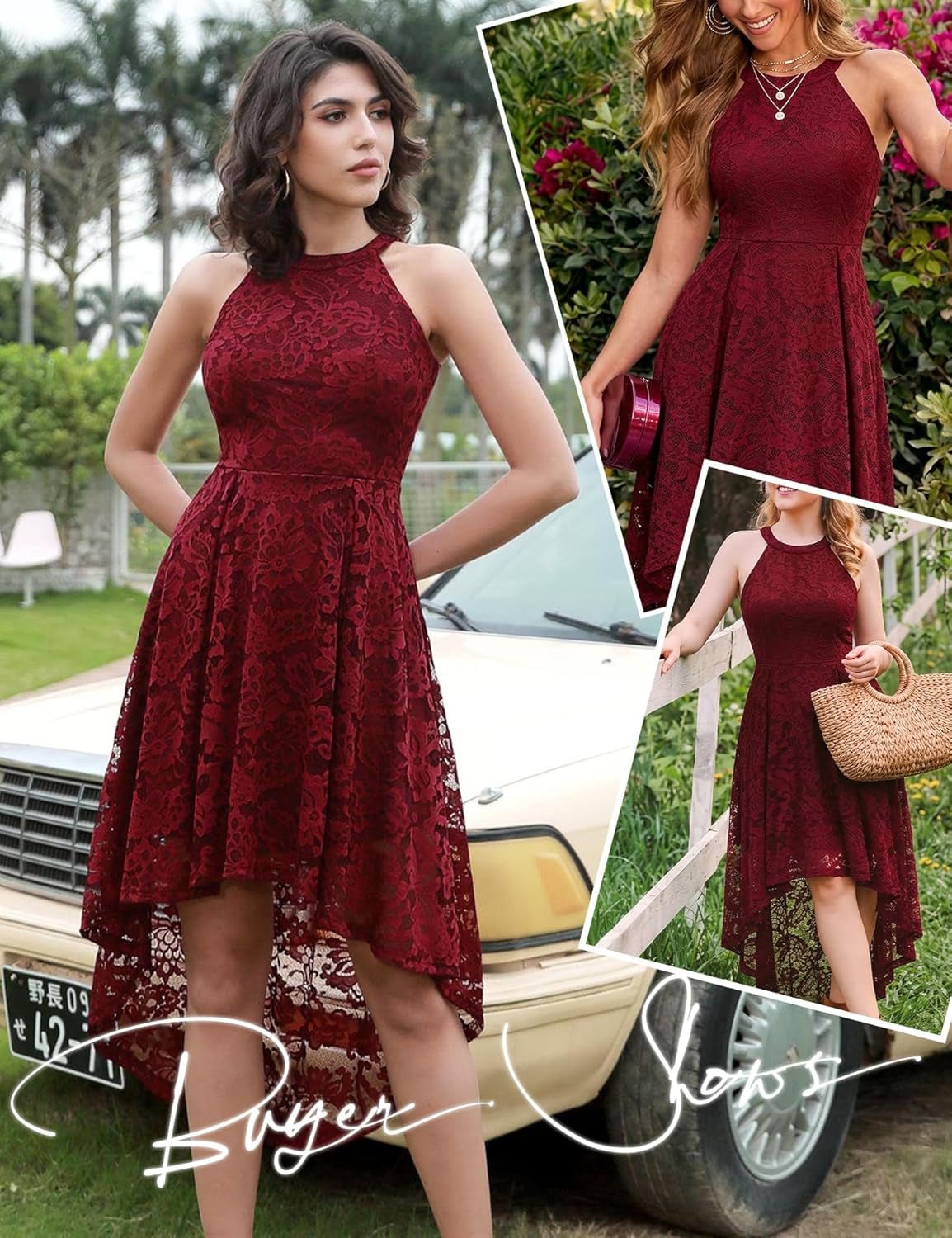 Women Halter Lace Hi Lo Wedding Guest Cocktail Formal Dress - Miki Guru Store US