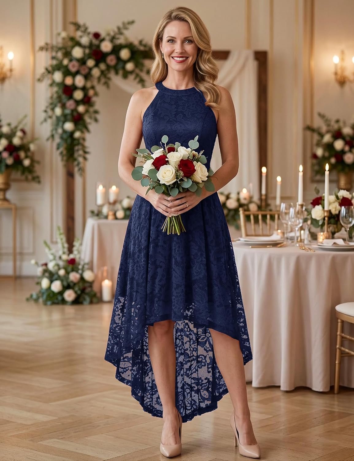 Women Halter Lace Hi Lo Wedding Guest Cocktail Formal Dress - Miki Guru Store US