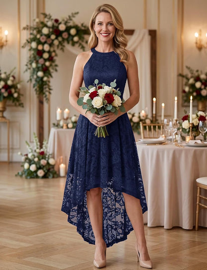 Women Halter Lace Hi Lo Wedding Guest Cocktail Formal Dress - Miki Guru Store US