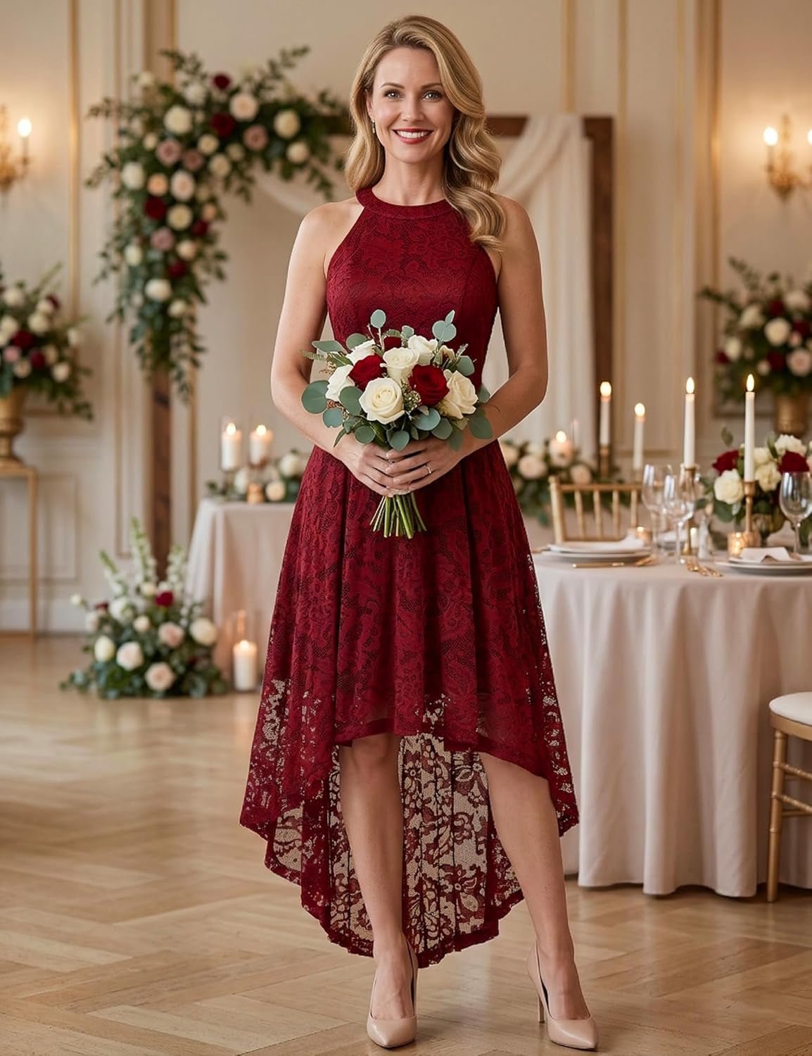 Women Halter Lace Hi Lo Wedding Guest Cocktail Formal Dress - Miki Guru Store US
