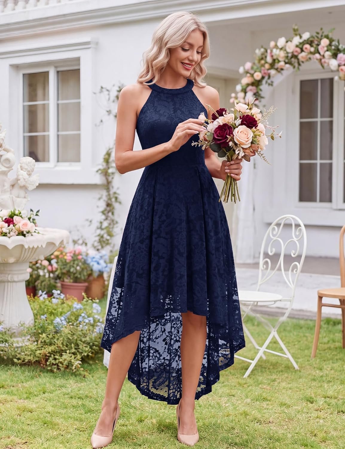 Women Halter Lace Hi Lo Wedding Guest Cocktail Formal Dress - Miki Guru Store US