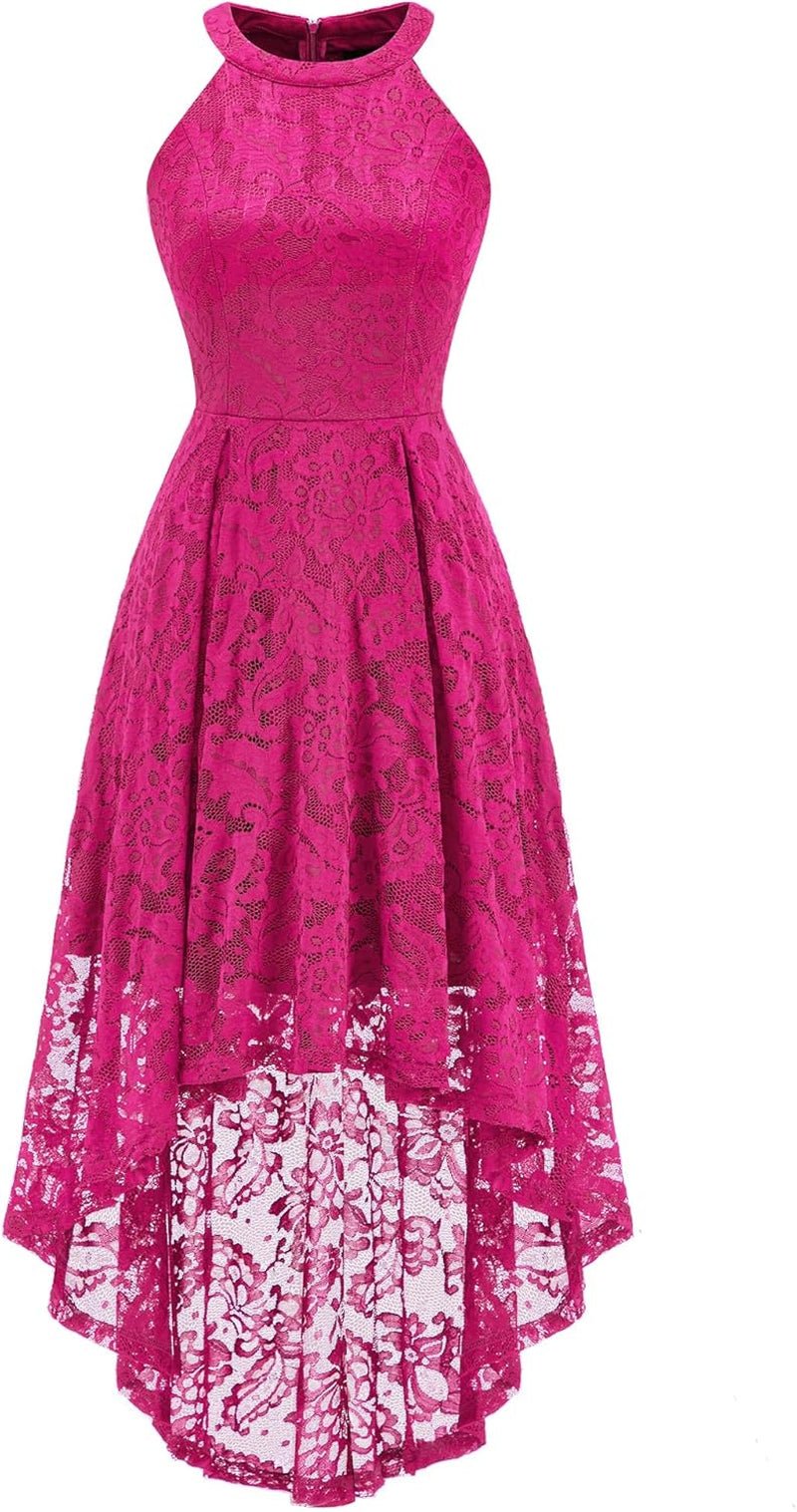 Women Halter Lace Hi Lo Wedding Guest Cocktail Formal Dress - Miki Guru Store US