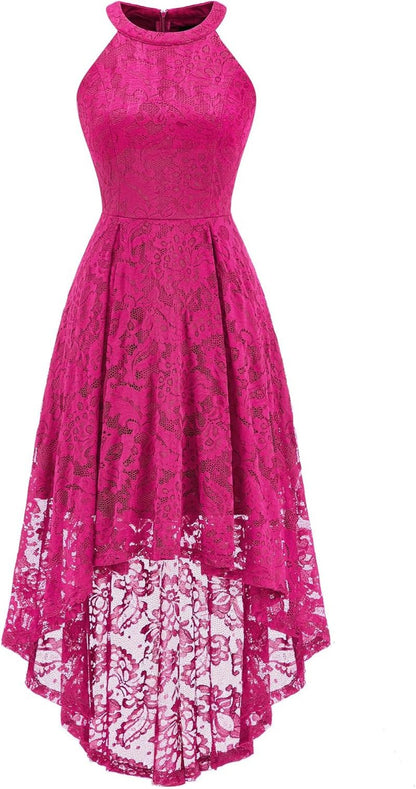 Women Halter Lace Hi Lo Wedding Guest Cocktail Formal Dress - Miki Guru Store US