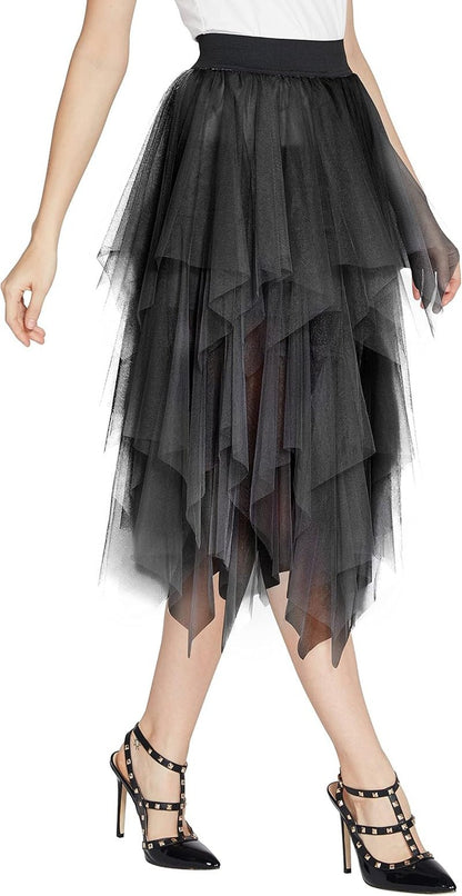 Women'S A-Line Mesh Tutu Skirt Fluffy Layered Tulle Midi Long Skirts with Elastic Waist - Miki Guru Store US