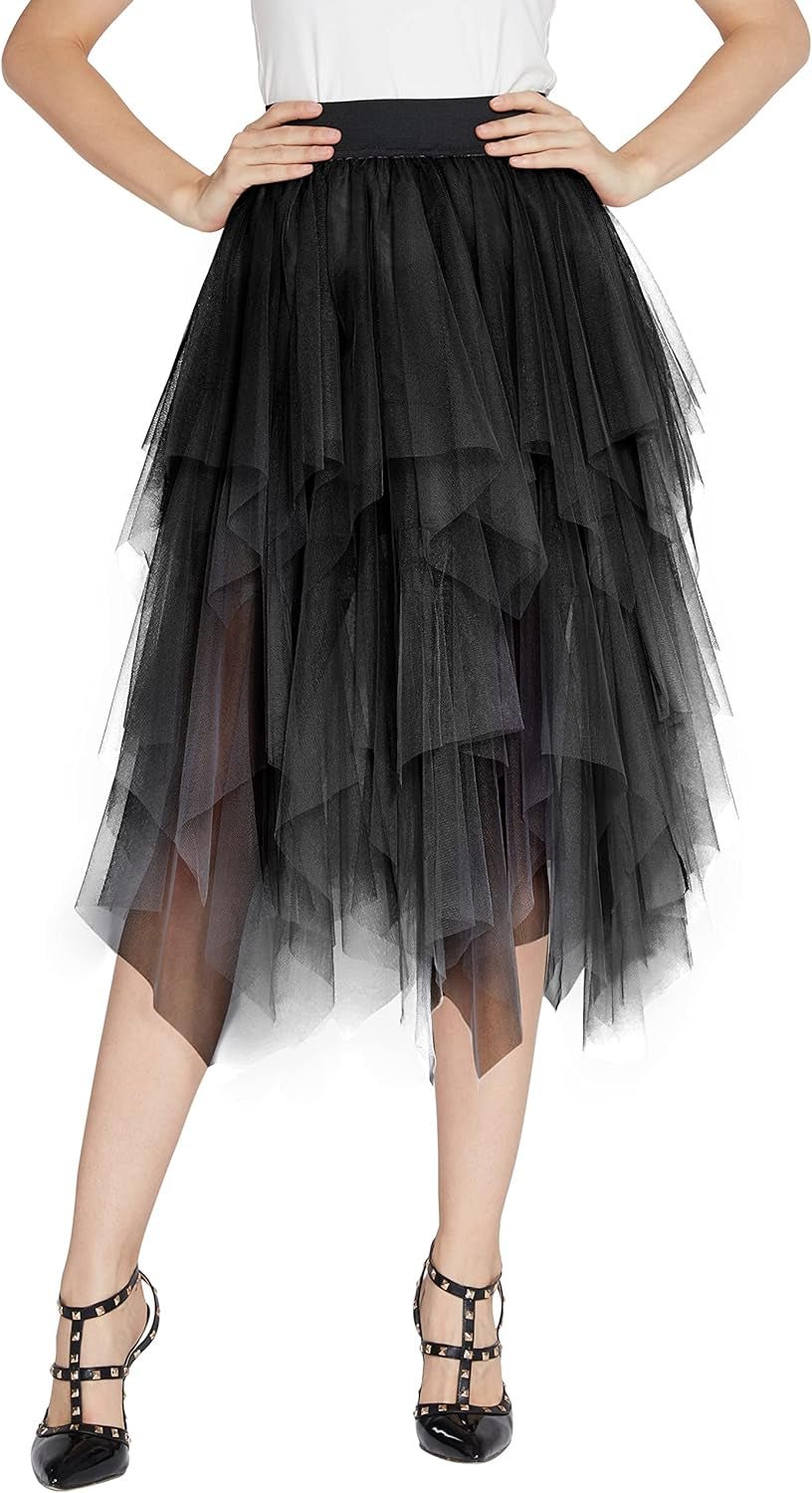 Women'S A-Line Mesh Tutu Skirt Fluffy Layered Tulle Midi Long Skirts with Elastic Waist - Miki Guru Store US
