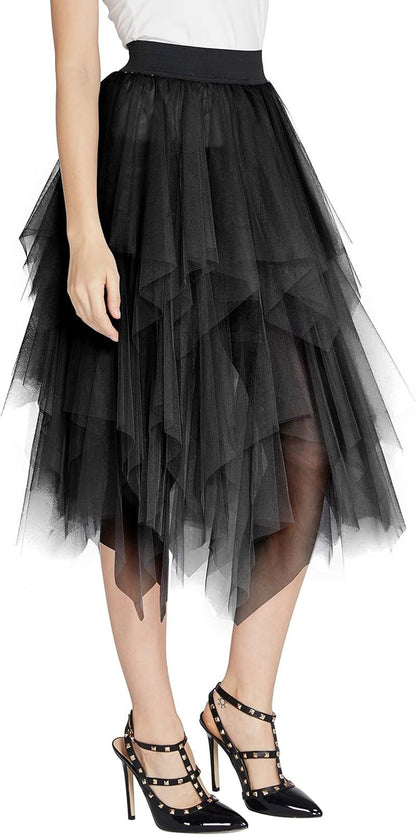Women'S A-Line Mesh Tutu Skirt Fluffy Layered Tulle Midi Long Skirts with Elastic Waist - Miki Guru Store US