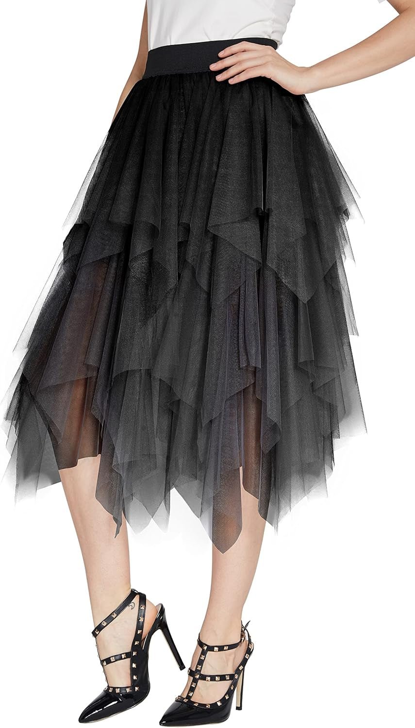 Women'S A-Line Mesh Tutu Skirt Fluffy Layered Tulle Midi Long Skirts with Elastic Waist - Miki Guru Store US