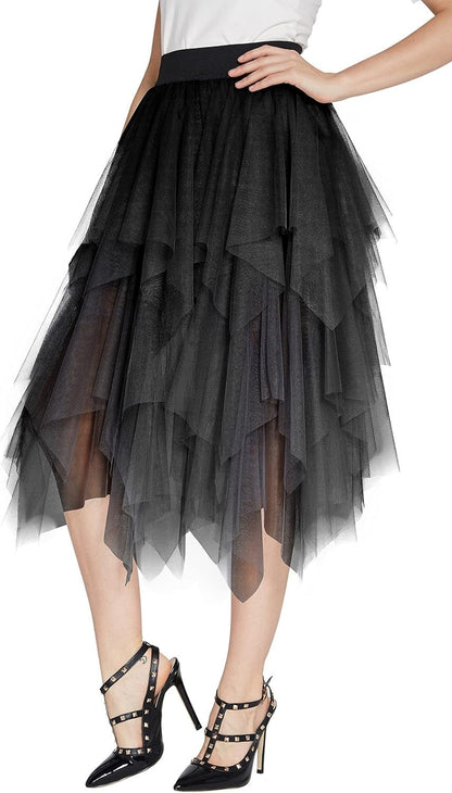 Women'S A-Line Mesh Tutu Skirt Fluffy Layered Tulle Midi Long Skirts with Elastic Waist - Miki Guru Store US