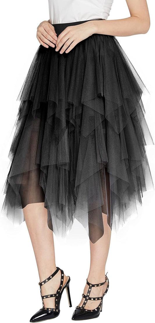 Women'S A-Line Mesh Tutu Skirt Fluffy Layered Tulle Midi Long Skirts with Elastic Waist - Miki Guru Store US