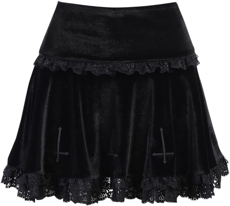 Womens Gothic Mini Skirts Punk Grunge Velvet Skirts High Waist Emo Skirt Mall Goth Alt Harajuku Skirt - Miki Guru Store US