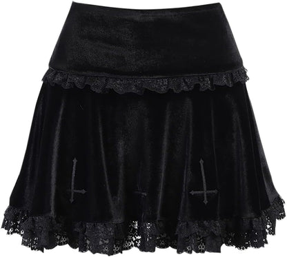 Womens Gothic Mini Skirts Punk Grunge Velvet Skirts High Waist Emo Skirt Mall Goth Alt Harajuku Skirt - Miki Guru Store US