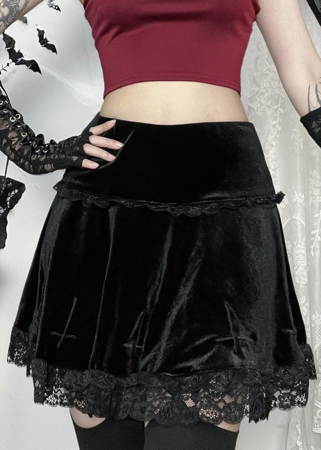 Womens Gothic Mini Skirts Punk Grunge Velvet Skirts High Waist Emo Skirt Mall Goth Alt Harajuku Skirt - Miki Guru Store US