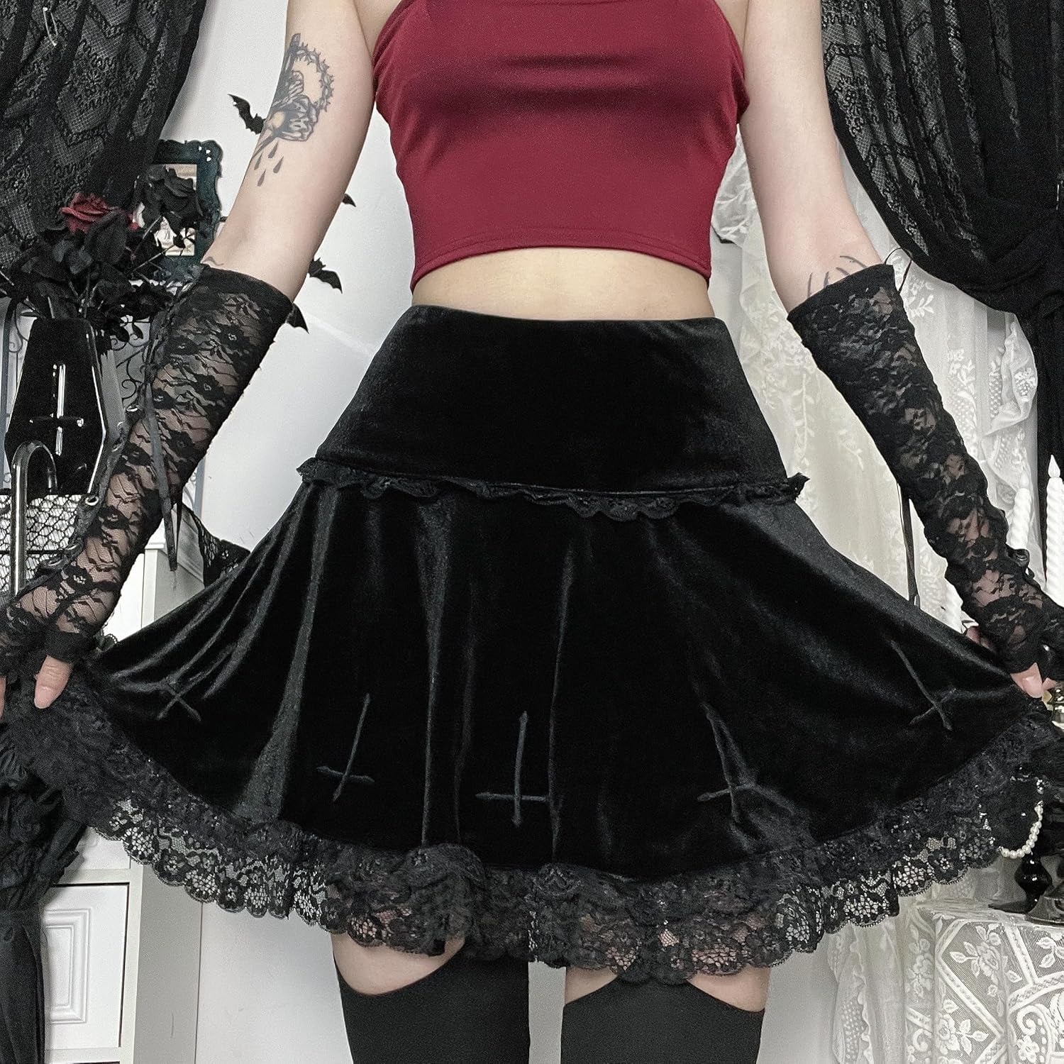Womens Gothic Mini Skirts Punk Grunge Velvet Skirts High Waist Emo Skirt Mall Goth Alt Harajuku Skirt - Miki Guru Store US