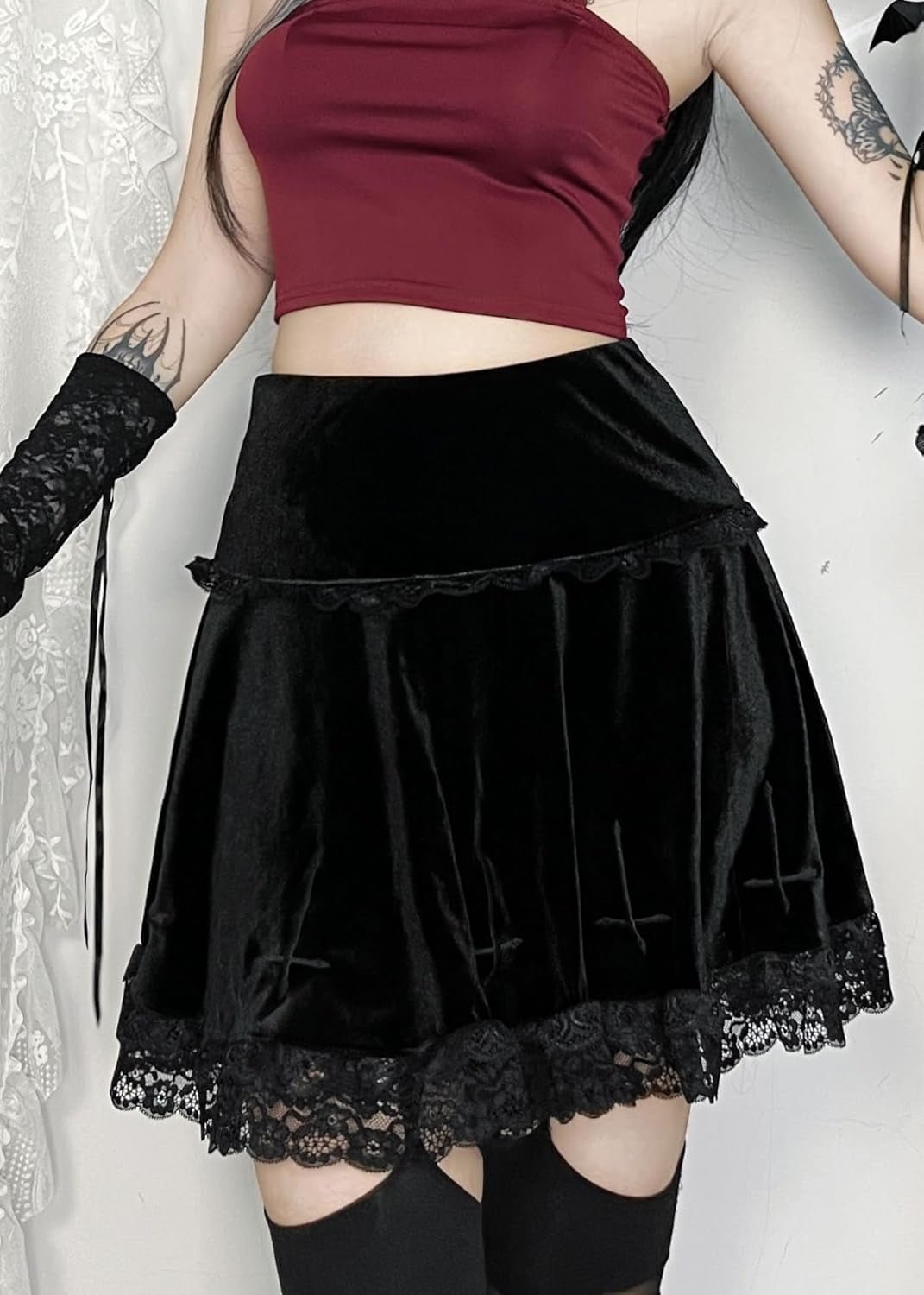 Womens Gothic Mini Skirts Punk Grunge Velvet Skirts High Waist Emo Skirt Mall Goth Alt Harajuku Skirt - Miki Guru Store US