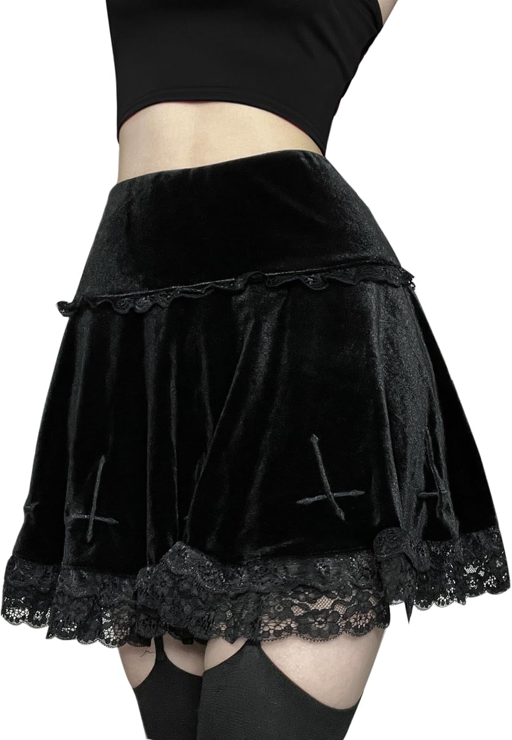 Womens Gothic Mini Skirts Punk Grunge Velvet Skirts High Waist Emo Skirt Mall Goth Alt Harajuku Skirt - Miki Guru Store US