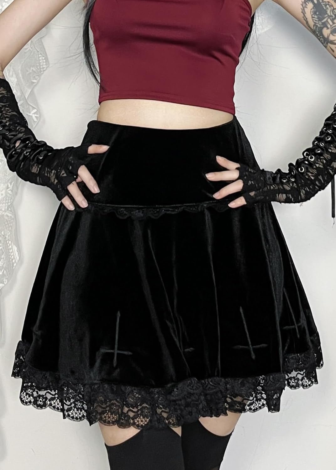 Womens Gothic Mini Skirts Punk Grunge Velvet Skirts High Waist Emo Skirt Mall Goth Alt Harajuku Skirt - Miki Guru Store US