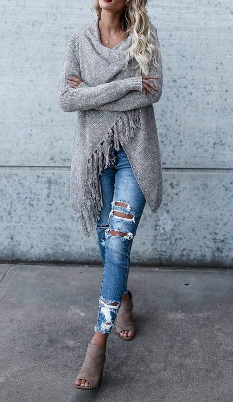 Women'S Open Front Knited Tassels Slash Loose Cardigan Crew Neck Speckled Fringe Sweater Outwear - Miki Guru Store US