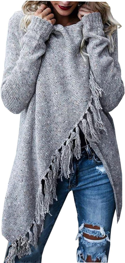Women'S Open Front Knited Tassels Slash Loose Cardigan Crew Neck Speckled Fringe Sweater Outwear - Miki Guru Store US
