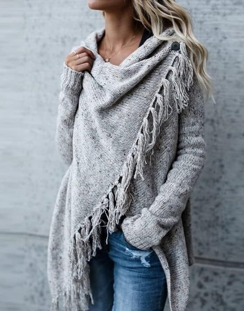Women'S Open Front Knited Tassels Slash Loose Cardigan Crew Neck Speckled Fringe Sweater Outwear - Miki Guru Store US
