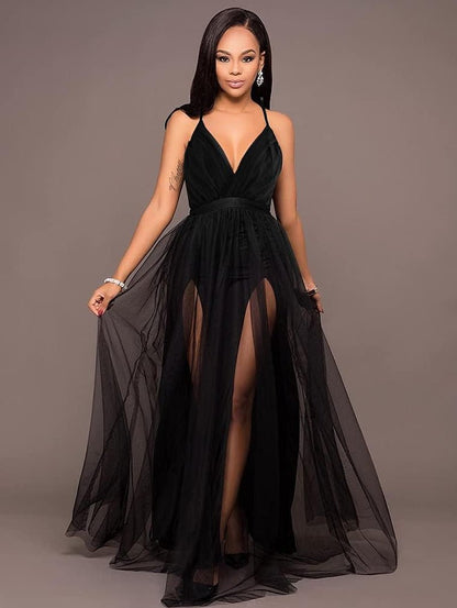Womens Sexy Deep V Neck Split Cocktail Formal Prom Maxi Dress - Miki Guru Store US