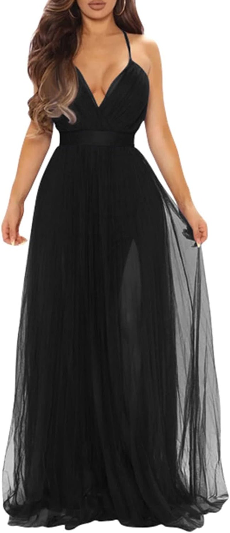 Womens Sexy Deep V Neck Split Cocktail Formal Prom Maxi Dress - Miki Guru Store US